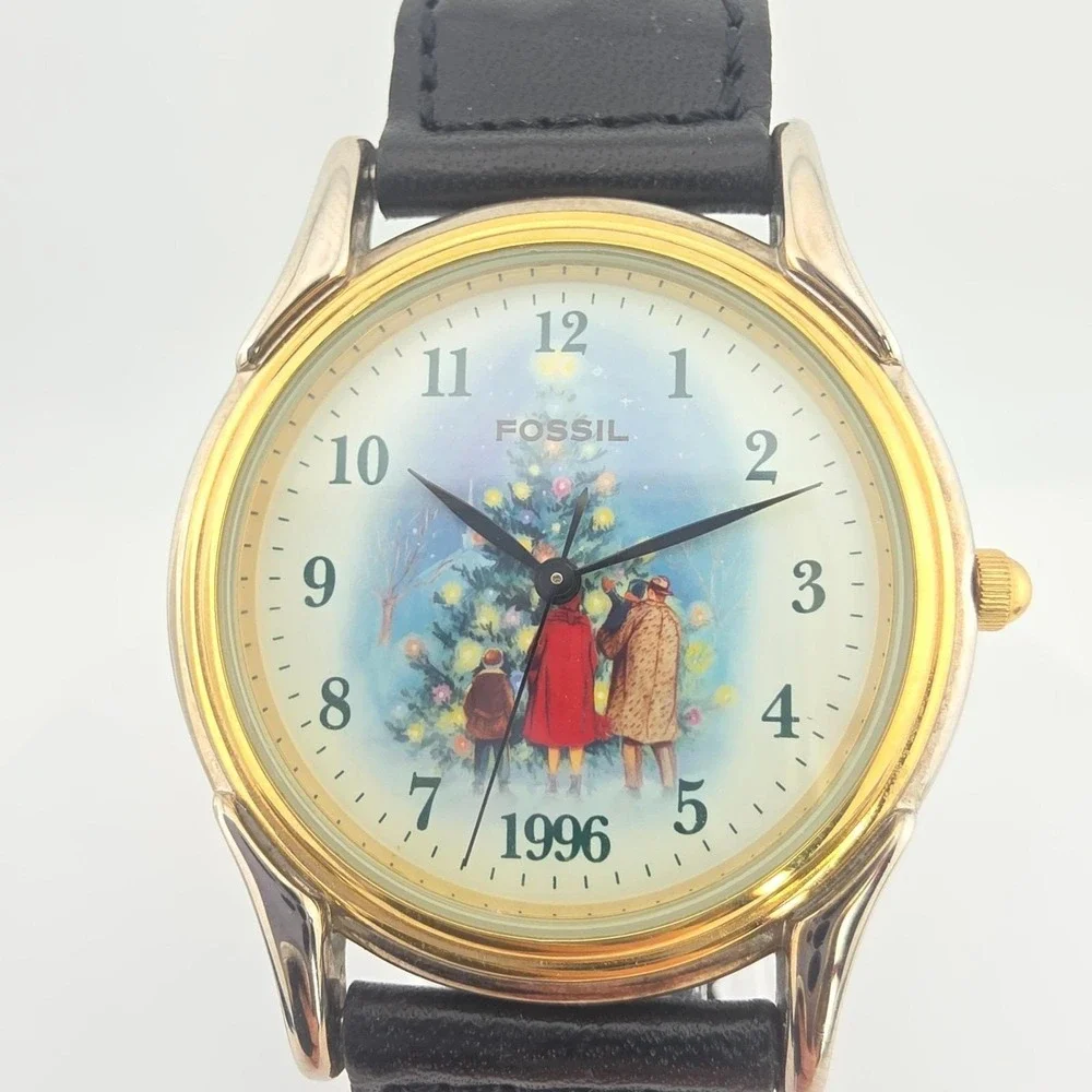 Vtg 1996 FOSSIL Watch Limited Edition Christmas Tree Holiday Black Leather 8